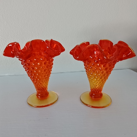 Fenton Other - EUC Vintage Fenton Amberina Hobnail Ruffled Edge Vases - Set of 2